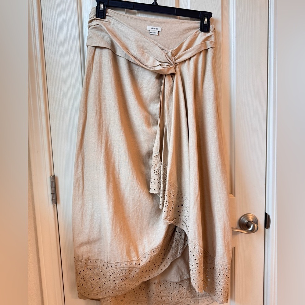 Jason Wu wrap around Linen Blend Midi Skirt Tan Neutral Eyelet hem Size 6